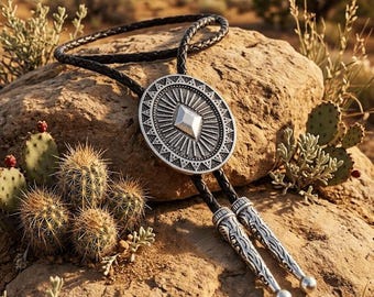 Corbata bolo con conchos del suroeste, collar vaquero estilo desierto, corbata western plateada vintage