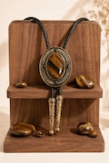 Brass Tiger Eye Wedding Bolo Tie for Men, Western Groom Tie, Vintage Cowboy Necktie