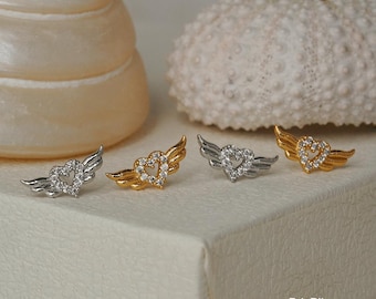 Małe kolczyki w kształcie skrzydeł anioła, delikatne złote ręcznie robione kolczyki w kształcie serca anioła, kolczyki helisy, wyjątkowy i elegancki pomysł na prezent, prezent dla niej