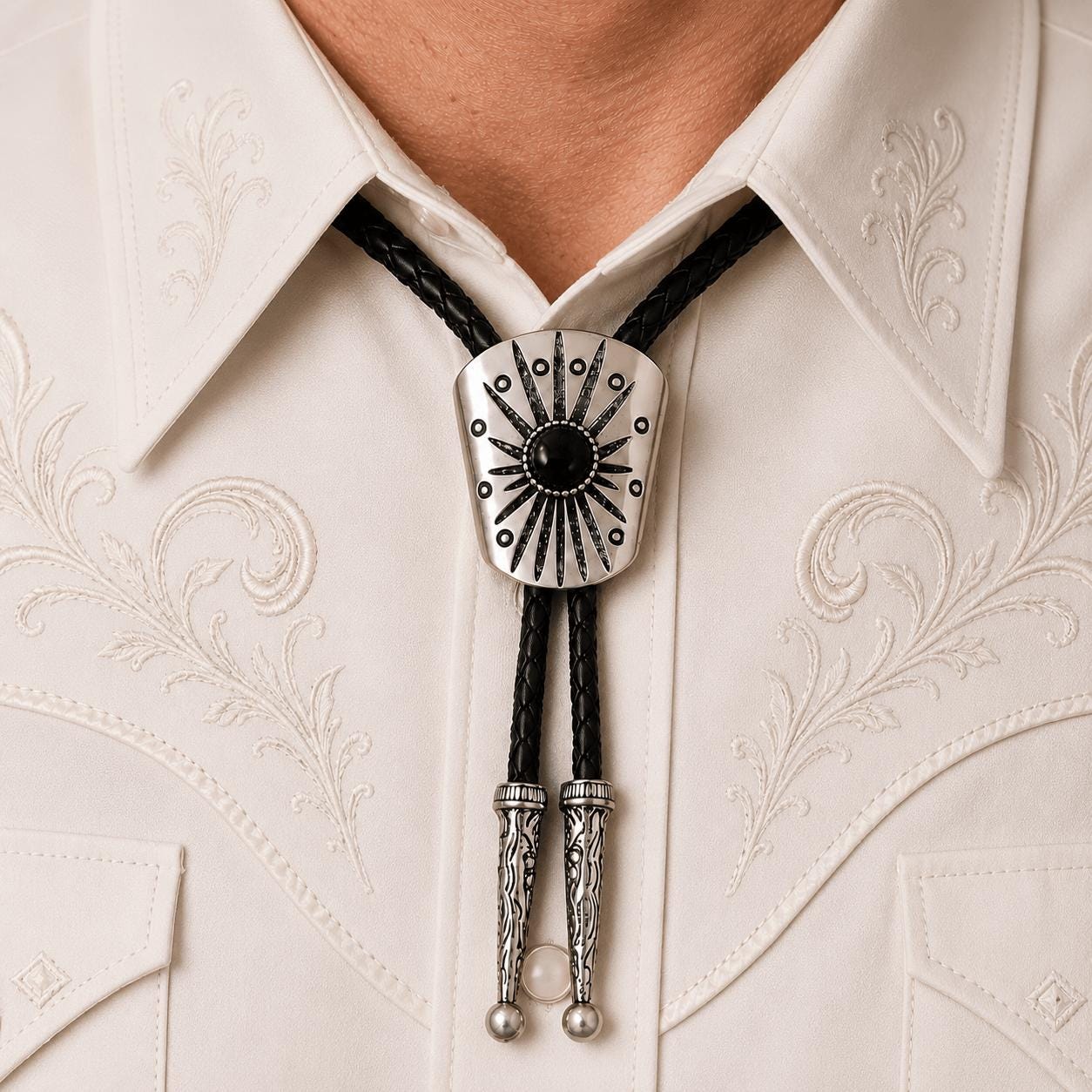 Luxury Black Onyx Bolo Tie for Men, Silver Tone Solid Brass Sunburst Necktie, Elegant Western Groom Accessory
