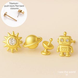 Gold Planet Stud Earrings Cute Space Titanium Earrings Minimal Forward Helix Earrings Robot Conch Piercing Cartilage Earrings Gift for Her