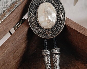 Mother of Pearl Wedding Bolo Tie, Vintage Southwestern Cowboy Necktie, Custom Genuine Leather Cord