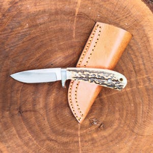 Custom handmade D2 steel Skinner knife with leather sheath ,Stag horn handle gift for him