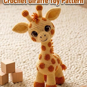 May include: A crochet giraffe toy with cream-colored yarn and brown spots, featuring large dark eyes, two small horns, and ears. The text "Crochet Giraffe Toy Pattern" is displayed at the top of the image in a bold, white font with a brown outline.