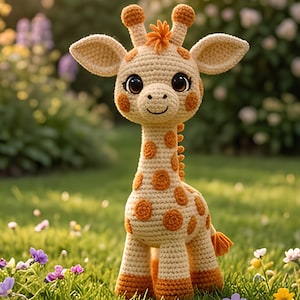 May include: A crochet giraffe toy featuring a cream-colored body with orange spots, large dark brown eyes, a small stitched mouth, two small horns on top of the head, and orange-colored hooves at the base of each of the four legs.