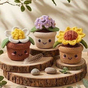 Patrón de amigurumi de maceta de ganchillo: margarita, violeta, girasol (descarga en PDF)