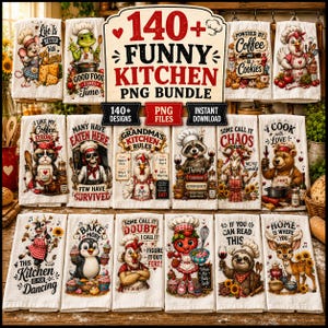 May include: A digital collection of 140+ funny kitchen designs featuring various animals like cats, chickens, and sloths in chef attire with humorous text, presented as a grid of individual rectangular graphics on a white background.