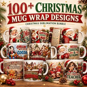 以下が含まれることがあります： サンタクロース、トナカイ、ペンギン、ジンジャーブレッドなどのクリスマスキャラクターのイラストと、「Merry Christmas」や「Chillin with my Cocoa」といったテキストが描かれた、100種類以上のクリスマス用マグカップラップデザインのデジタルコレクション。