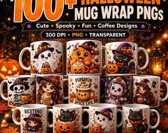 100+ Halloween-muggomslag PNG-paket, sublimeringsdesigner med kusliga spöken, pumpa och häxa (digital nedladdning)