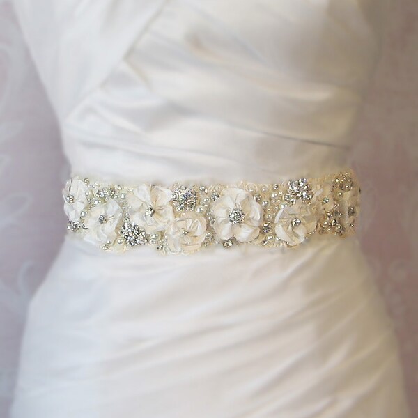 Romantic Ivory Bridal Sash, Ivory Flower Wedding Belt with Rhinestones and Pearls and Alencon Lace - FANTASY