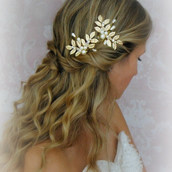 Gold Leaves Hair Pins, Wedding Hair Pins with Pearls, Crystals, Fern Leaf, Greek Goddess, Bobbies, Boho Pin Set - CALISTA