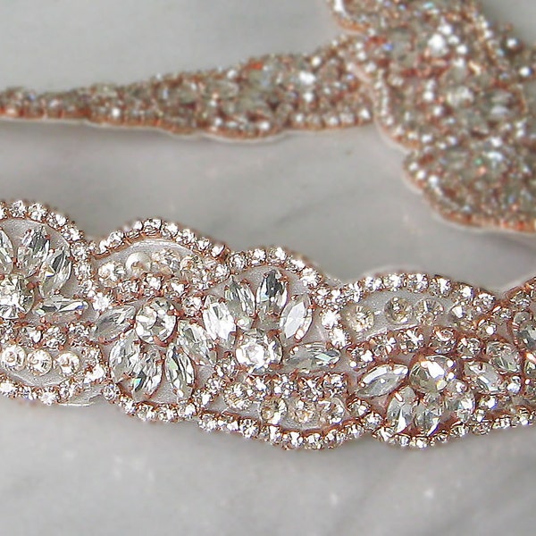 Rose Gold Crystal Trim, Rose Gold Rhinestone Beaded, Rose Gold Bridal Applique for Wedding Gown or Sash, 24"