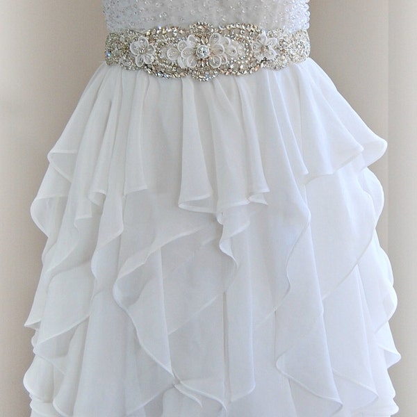 Pale Ivory Crystal Bridal Sash, Wedding Belt with Light Ivory Flowers, Off-White Sash - DELLA