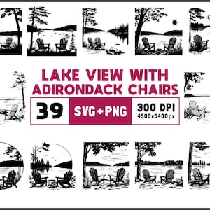Lake View With Adirondack Chairs Svg Bundle, Lake View With Adirondack Chairs Silhouette, Adirondack Chairs Clipart Png, Cut File for Cricut
