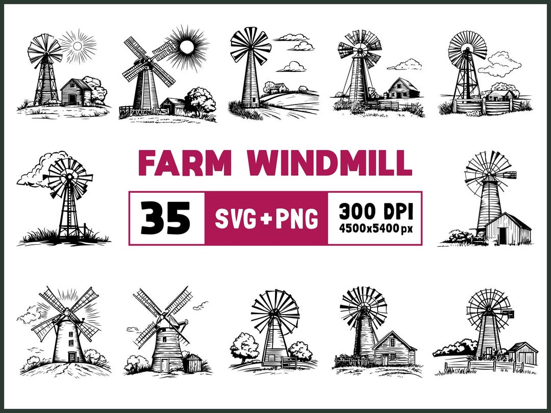 Farm Windmill SVG Bundle: Clipart, Silhouette, Vector (PNG, SVG Files ...