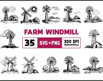 Farm Windmill SVG Bundle: Clipart, Silhouette, Vector (PNG, SVG Files)