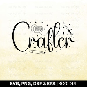 Puede incluir: Diseño gráfico en blanco y negro de la palabra "Crafter" con un lápiz, una bobina de hilo y un pincel. El diseño está rodeado de pequeñas estrellas.
