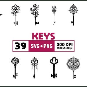 Vintage Key SVG Bundle: Keys Silhouette, Clipart, Decal (PNG, Vector Files)