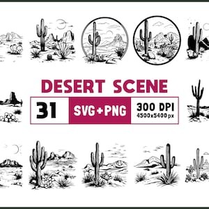 Desert Scene Svg Bundle, Desert Scene Silhouette, Desert Landscape Clipart Png, Desert Scene Outline, Desert Scene Vector, Scene Cricut File