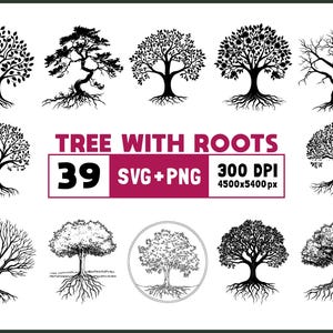 Op de afbeelding: Een verzameling van 12 zwart-wit boomillustraties met wortels. De afbeelding bevat verschillende boomontwerpen, van gedetailleerde bladerpatronen tot kale takken. Tekst luidt "TREE WITH ROOTS" en "39 SVG+PNG".