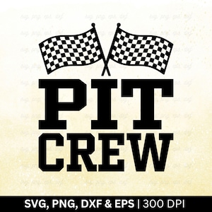 May include: Black and white chequered racing flags with the text "PIT CREW" in bold black letters. The image is on a yellow background with a subtle texture.