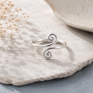 Sterling Silver Spiral Ring - Adjustable Open Swirl Band, Minimalist Boho Handmade Jewelry Gift for Her