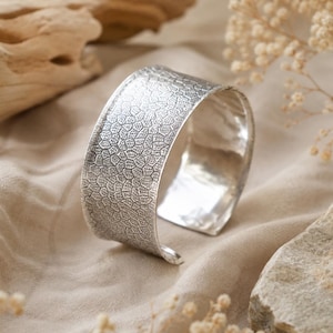 Handmade Sterling Silver Wide Textured Cuff Bracelet | Adjustable Statement Bangle Artisan Jewelry