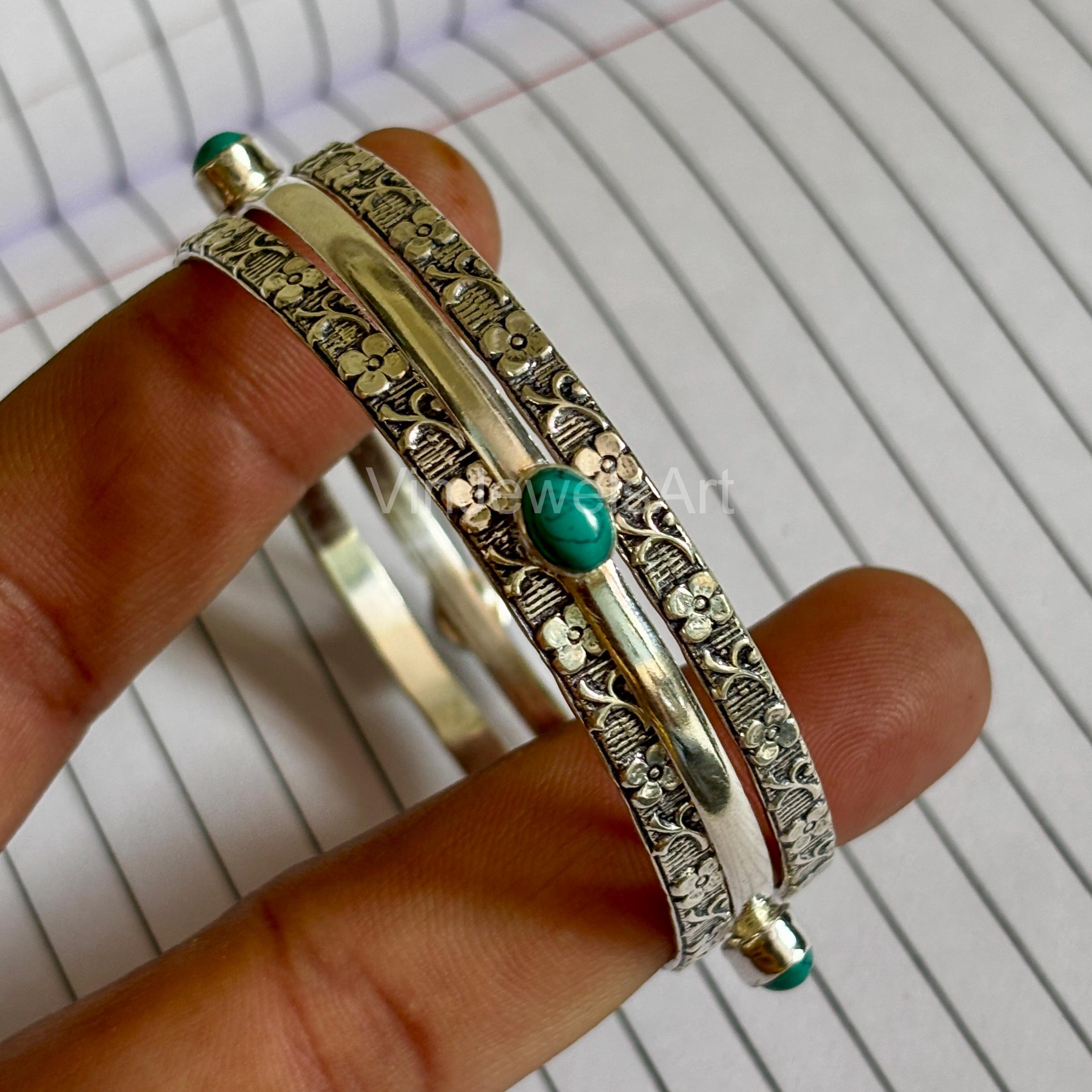 ターコイズスターリングシルバーバングルセット：ハンドメイド925 