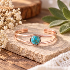Turquoise Cuff Bracelet, Copper Cuff Bracelet, Adjustable Boho Bracelet, Natural Turquoise Jewelry, Handmade Copper Bracelet, Gift for Her