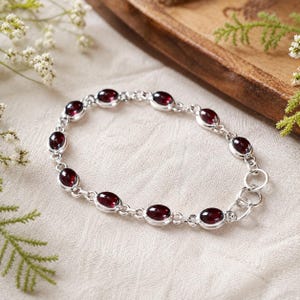Handmade Dainty Garnet Bracelet 925 Sterling Silver Boho Gemstone Jewelry Gift for Her