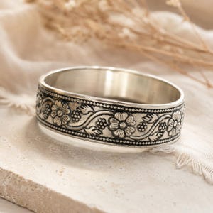 Floral Engraved Silver Cuff Bracelet | Vintage Boho Open Bangle Artisan Handmade Jewelry Gift for Her
