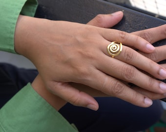 Gold Spiral Ring, Adjustable Boho Swirl, Handmade Modern Statement Jewelry
