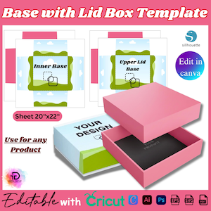Puede incluir: Plantilla de caja rosa con tapa abierta, que revela un interior negro. La imagen incluye un diseño de caja con el texto "YOUR DESIGN" y "YOUR PRODUCT". El texto "Base with Lid Box Template" está en la parte superior. La hoja mide 50.8cm x 55.88cm.