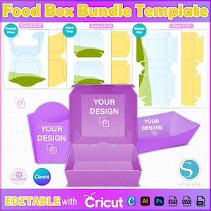 Plantilla de paquete de caja de comida, plantilla de caja de comida, SVG de caja de comida, cajas de comida rápida, cajas de regalos para fiestas, bandeja de comida, caja de hamburguesas, caja de papas fritas