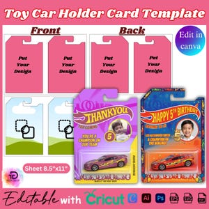 May include: A digital toy car holder card template on an 8.5x11 inch sheet. The design features pink rectangular placeholders, a purple thank you card with a toy car, and a blue birthday card with a red toy car and a child's photo.