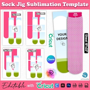 May include: A sublimation template for socks, featuring designs for 16-inch and 20-inch socks. The template includes a pink and white design, with the text "YOUR DESIGN" and the Cricut and Canva logos. The sheet size is 15"x22".