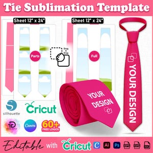 Puede incluir: Una plantilla de sublimación de corbata rosa con el texto "Tie Sublimation Template". El diseño incluye una corbata enrollada, una corbata plana y plantillas para personalización. El tamaño de la hoja es de 30,48 cm x 60,96 cm. El texto "Your Design" es visible.