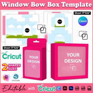 Pode incluir: Um modelo de caixa de laço de janela rosa com o texto "YOUR DESIGN" na frente. A imagem inclui um logotipo Cricut, o texto "Editable with Cricut" e o texto "Sheet 43cm X 61cm". O modelo é para duas formas e tamanhos.