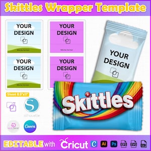Peut inclure: Un modèle imprimable pour créer des emballages Skittles personnalisés. Le modèle comprend quatre carrés vierges avec le texte "Votre conception" et un emballage Skittles avec un design arc-en-ciel et le texte "Skittles".