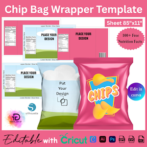 May include: A pink chip bag wrapper template with the text "CHIPS" and a graphic of chips. The design includes editable elements, nutrition facts, and the text "Sheet 85"x11"" and "Edit in canva".