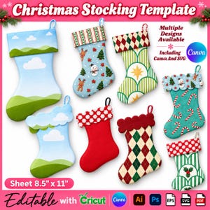 May include: A collection of eight Christmas stocking templates featuring various patterns including blue sky with clouds, reindeer, snowmen, candy canes, red solid fabric, and green diamond prints. Text includes Christmas Stocking Template, 8.5 x 11 inches.