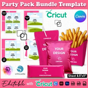 Peut inclure: Un modèle de pack de fête rose avec des designs pour des sachets de chips, des barres chocolatées, des pochettes Capri Sun et une boîte à frites. Le modèle comprend le texte "Your Design" et est modifiable avec Cricut et Canva.