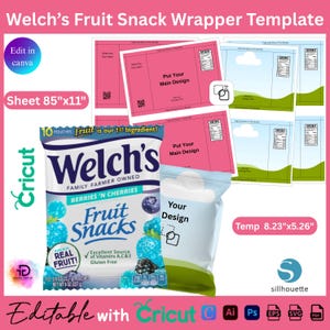 Puede incluir: Una plantilla para envoltorios de Welch's Fruit Snacks, con una bolsa de snacks de frutas "Berries 'N Cherries". El diseño incluye plantillas rosas, una etiqueta "Hoja 21.6cm x 27.9cm" y una etiqueta "Temp 20.9cm x 13.3cm". Editable con Cricut.