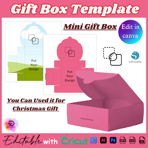 Puede incluir: Plantilla de caja de regalo rosa con el texto "Mini Gift Box" y "Edit in canva". El diseño incluye una caja con tapa abierta y una plantilla plana. También es visible el texto "You Can Used it for Christmas Gift".