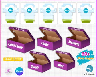 May include: A set of five shoe box templates in different sizes: extra large, large, medium, small, and mini. The boxes are brown with purple lids and have the words "Your Design" on the top. The templates are designed to be used with Cricut.