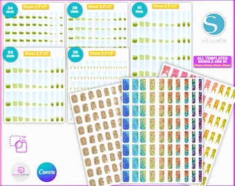 Puede incluir: Paquete de plantillas de arte de uñas con diferentes tamaños y diseños de purpurina. Las plantillas miden 8,5 pulgadas por 11 pulgadas y vienen en tamaños de 24 mm, 30 mm, 51 mm y 55 mm. Las plantillas son editables con Cricut, Adobe Illustrator, Photoshop y otros programas de diseño.