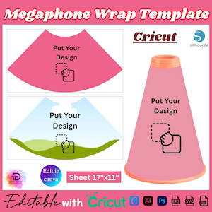 Peut inclure: Gabarit d'enveloppement de mégaphone rose avec le texte "Megaphone Wrap Template" et "Put Your Design". La taille de la feuille est de 43 cm x 28 cm. Comprend les logos Cricut et Silhouette. Modifiable avec Cricut, Ai, Ps, EPS, SVG et PDF.