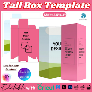 May include: A pink tall box template with a diagram of the box layout and two assembled boxes. The text on the boxes reads "YOU DESIGN" and "PLACE DESIGN HERE". The template is for a sheet size of 8.5"x11".