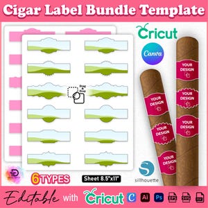 May include: A pink and white sheet of cigar label templates with six different designs. The labels are light blue and green. Two cigars with pink labels that say "YOUR DESIGN" are on the right. The text "Cigar Label Bundle Template" is at the top.