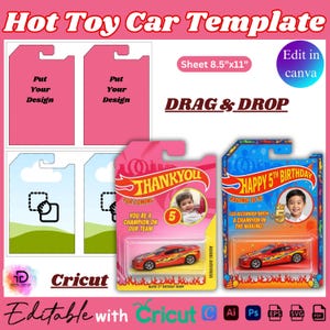 Puede incluir: Una plantilla digital para el diseño de empaques de autos de juguete en una hoja de 8.5"x11". El diseño incluye marcadores de posición rosas y azules con el texto "Put Your Design" y "DRAG & DROP", junto a dos ejemplos terminados.